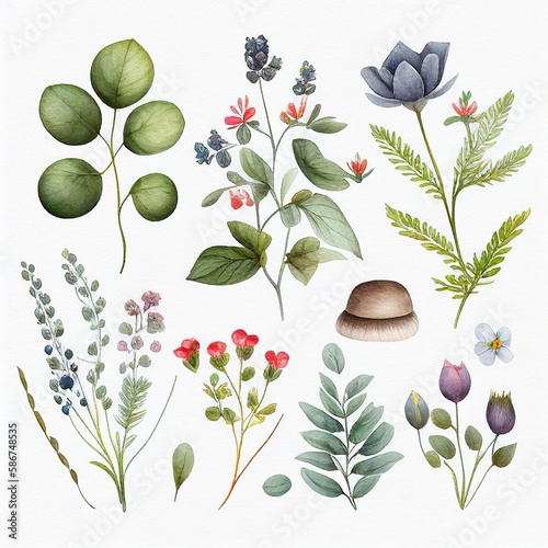 swedish style folk botanical watercolors on white background