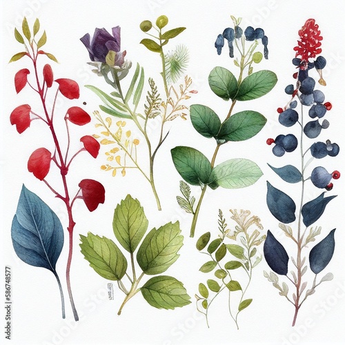 swedish style folk botanical watercolors on white background