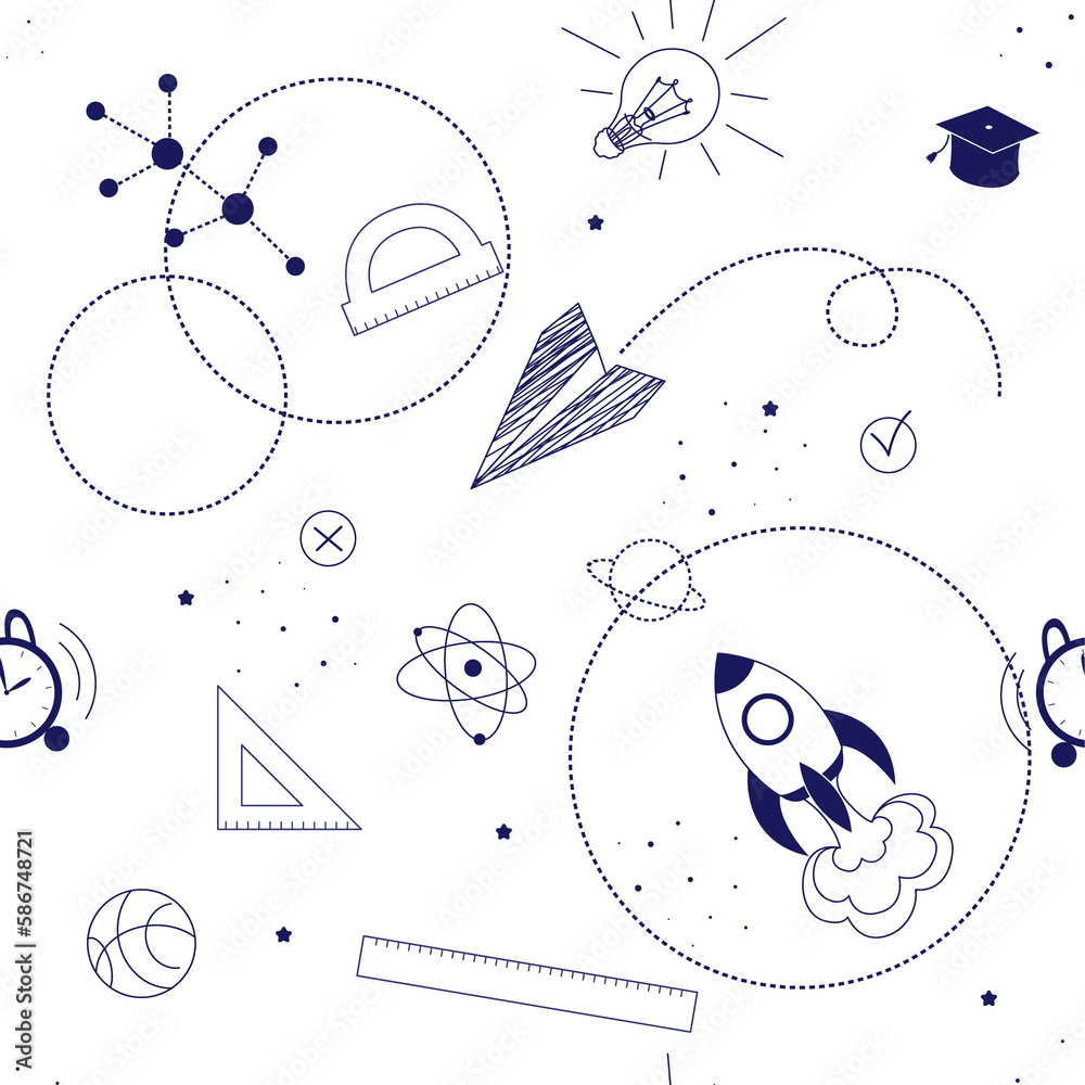 school theme seamless background, school doodles seamless pattern, school elements seamless pattern, notepad writing, learning, lessons, study time, school tools set, education icon set