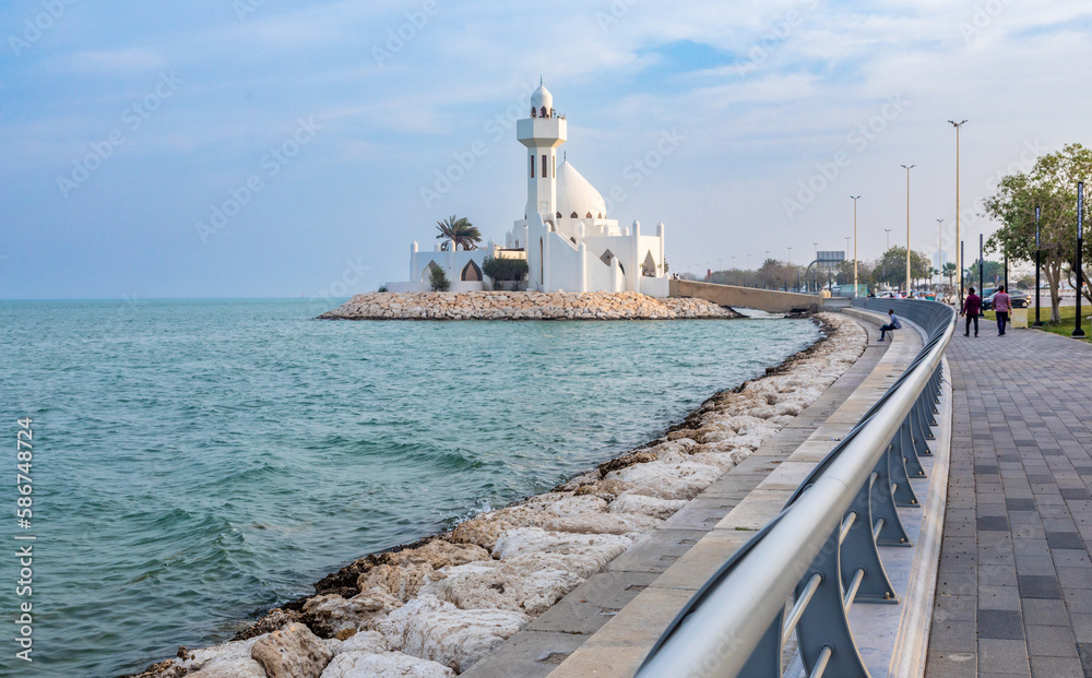 White Salem Bin Laden Mosque built on the island with sea in the background and walking promenade, Al Khobar, Saudi Arabia