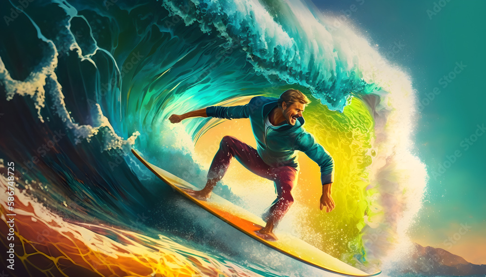 Surfer riding a wave. Generative AI illustration.