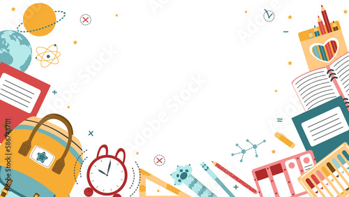 Background for school, school theme, school doodles, inscription in a notebook, training, lessons, time for training, Set of school tools, set of education icons, back to school
