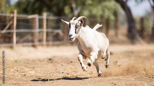 a goat roaming free on a farm, sunny day