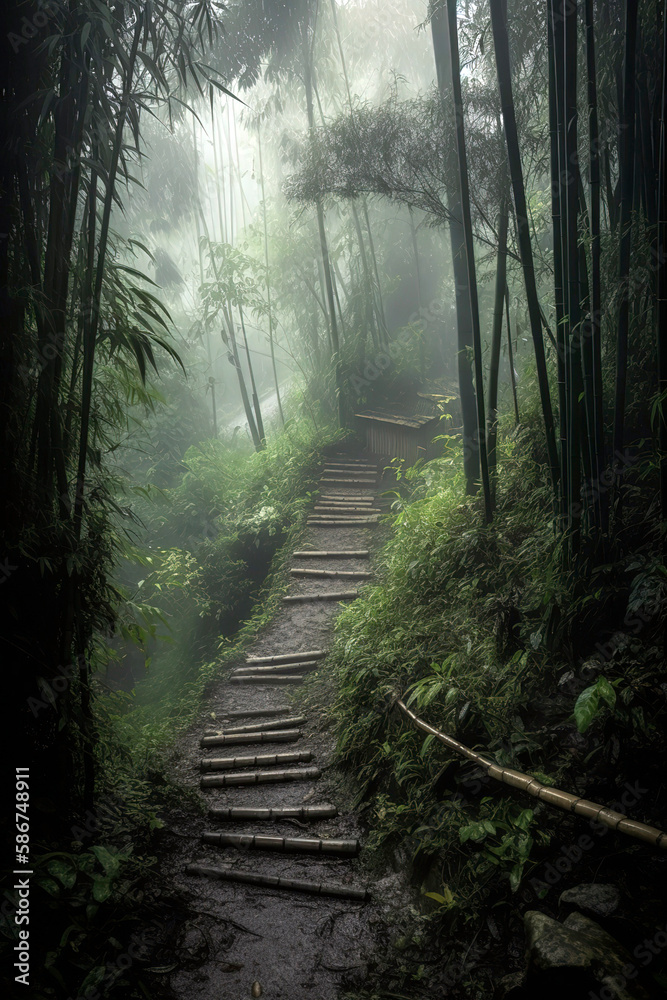 Foggy winding Bamboo path in Bamboo jungle at rainy season. A Walk in the Clouds: Hiking Through a Bamboo Forest in the Mist Foggy winding Bamboo path in Bamboo jungle at rainy season. A Walk in the Clouds: Hiking Through a Bamboo Forest in the Mist