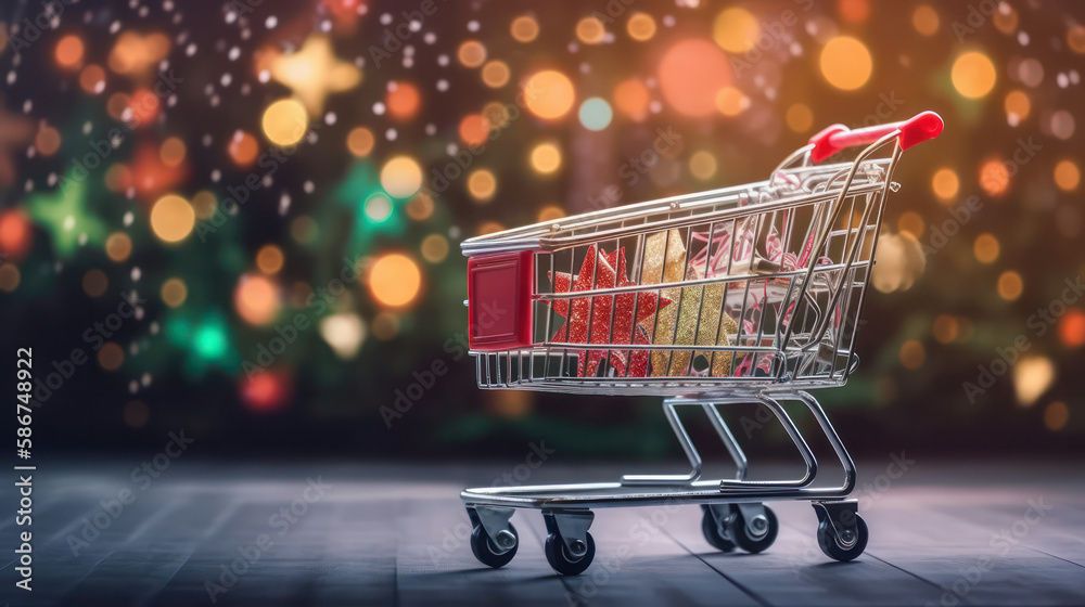 Shopping trolley with gifts in the supermarket on the background of the Christmas tree in the store. generative AI