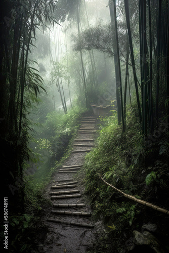 Foggy winding Bamboo path in Bamboo jungle at rainy season. A Walk in the Clouds: Hiking Through a Bamboo Forest in the Mist