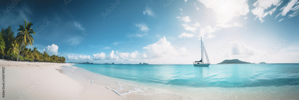 Beautiful tropical beach with white sand, palm trees and a yacht in the sea, turquoise ocean against a blue sky with clouds on a sunny summer day. generative AI