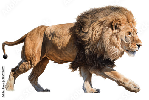 a male lion. Panthera leo, walking, trotting and running, in wildlife-themed, photorealistic illustrations on a transparent background cutout in PNG. Generative AI