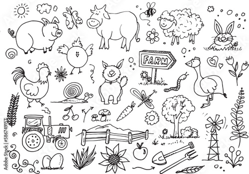 Vector doodles, hand drawn sketch with cow, pig, duck, sheep, tools and other things from the farm