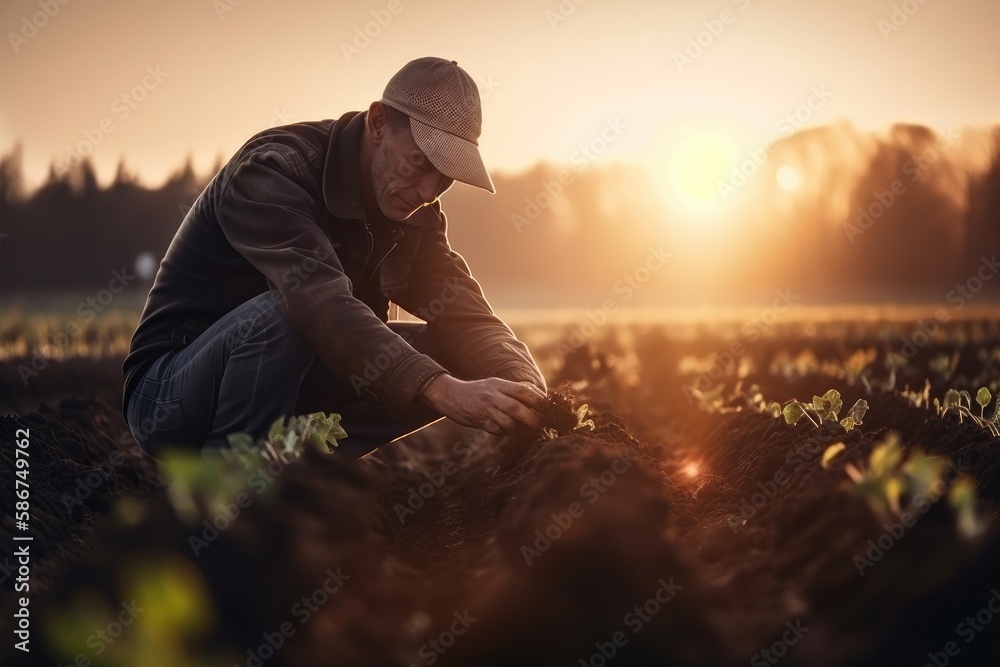 Fototapeta premium Male hands touching soil on the field during sunset. Farmer is checking soil quality before sowing Generative AI