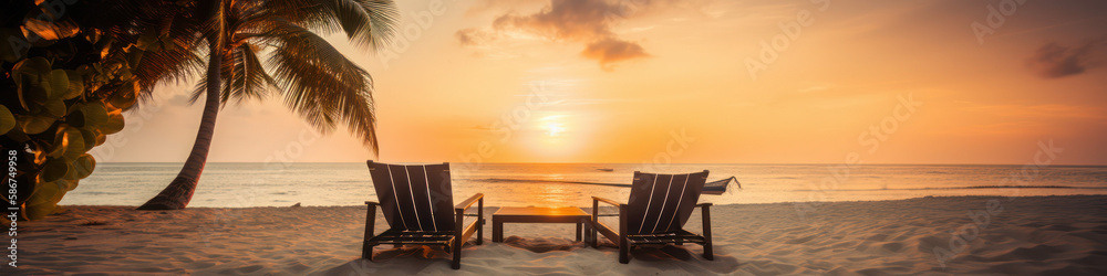Turquoise sea, sun loungers, White sand and palm trees, sunset, very beautiful nature. banner, copyspace .generative AI
