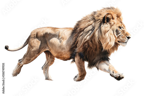 a male lion. Panthera leo  walking  trotting and running  in wildlife-themed  photorealistic illustrations on a transparent background cutout in PNG. Generative AI