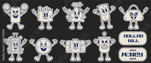 Set of money stickers in retro style. Hand drawn doodle style. Vintage stickers from the 70s. Vector illustration.