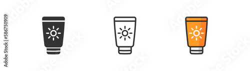 Sunscreen tube icon on light background. Sun cream bottle symbol. Spf, protection, uv, sunblock, sunburn. Outline, flat and colored style. Flat design. Vector illustration.
