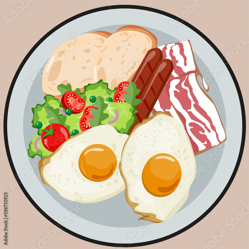 breakfast of fried two eggs, salad with tomatoes, peas, onions, with bacon, sausages and bread, on a white background