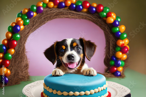 A cute brown and white puppy sitting next to a delicious cake. Generative AI