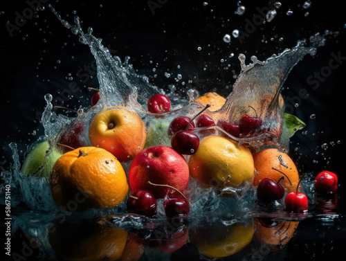 splash of fruit input on a dark background.generative AI.