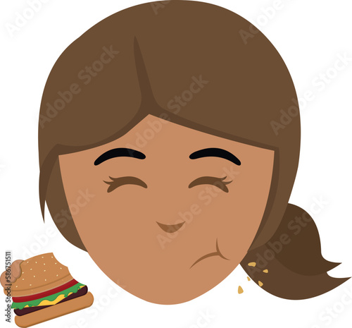 vector illustration face of a brunette girl eating a hamburger