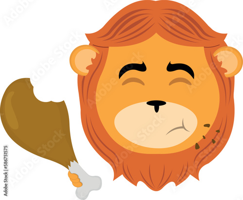 vector illustration face of a cartoon lion eating a chicken leg