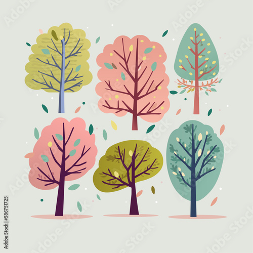 Collection of autumn trees. Trees with falling leaves. Illustration of trees flat style