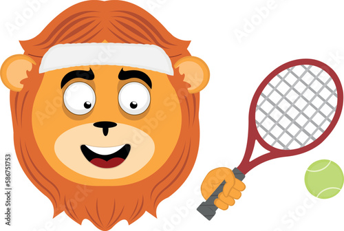 vector illustration face of a cartoon lion with a headband, a racket and tennis ball