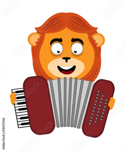 vector illustration face of a lion cartoon playing an accordion musical instrument