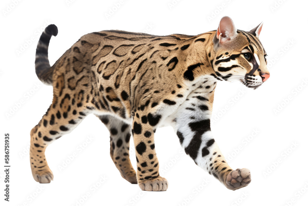 Naklejka premium an isolated ocelot jungle cat walking and stalking prey, side-view portrait, safari-themed photorealistic illustration on a transparent background cutout in PNG, generative ai