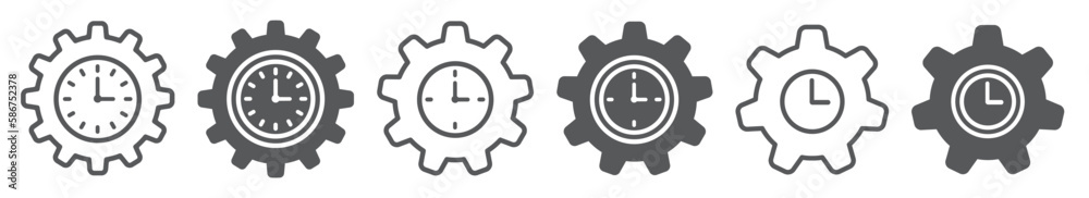 Set of time management icons. Productivity icon, gear and clock, service time. Industrial machinery timer, cogwheel and clockwork. Vector. Set of time management icons. Productivity icon, gear and clock, service time. Industrial machinery timer, cogwheel and clockwork. Vector.