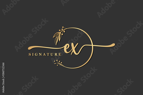 luxury signature initial ex logo design isolated leaf and flower