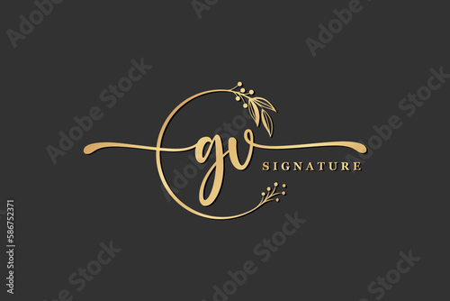 luxury signature initial gv logo design isolated leaf and flower photo