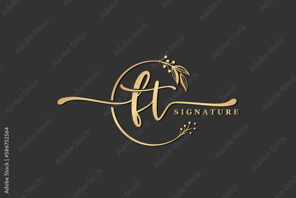 luxury signature initial ft logo design isolated leaf and flower - obrazy, fototapety, plakaty 