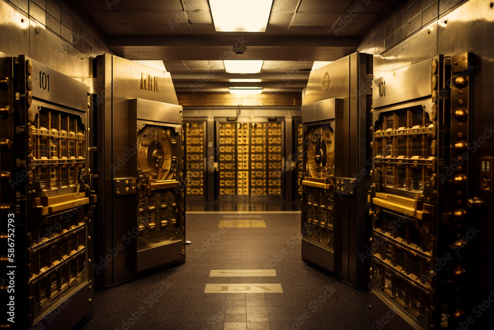 Bank vault door. Safe deposit boxes room in bank vault. Inside in Bank vault room with Dollars and euro money. Store Gold in storage. Federal Reserve Bank, Ai Generative illustration.