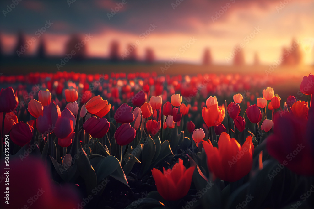 Beautiful colored tulip fields in the Netherlands in spring at sunset. High quality illustration