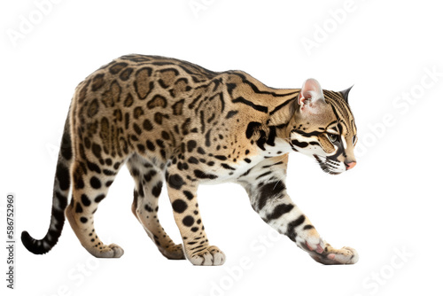 an isolated ocelot jungle cat walking and stalking prey, side-view portrait, safari-themed photorealistic illustration on a transparent background cutout in PNG, generative ai photo