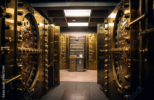 Safe deposit boxes room in bank vault. Inside in Bank vault room with Dollars and euro money. Store Gold in Bank storage. Federal Reserve Bank vault storage, Ai Generative illustration