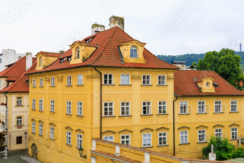Facade of the house of classical European architecture of the old cozy tourist city. Background