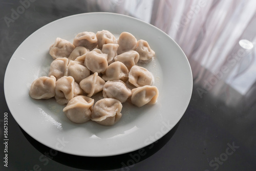 Serving of traditional Russian dough and meat dish on a white plate. Dumplings filled with meat, cheese and mushrooms. Popular Eastern European food