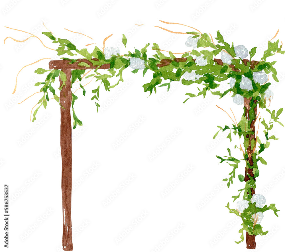 Watercolor wooden wedding arch with blue flowers, ceremony, wedding