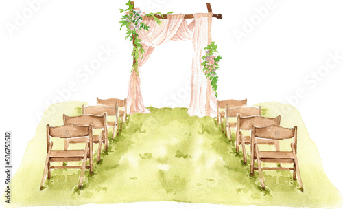 Watercolor outdoor wedding arch, ceremony, chairs for guests, wedding invitation background, save the date