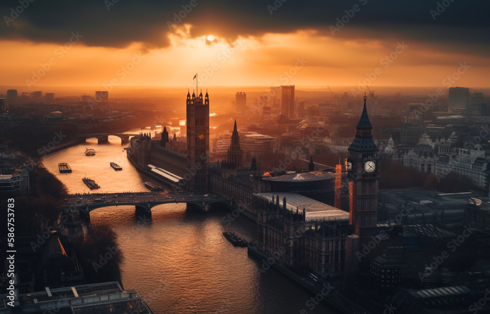 Big Ben Clock Tower in London on sunset. Westminster Bridge in London city aerial view. City streets in England, UK, United Kingdom. Big Ben in London, drone view. Ai generative illustration.