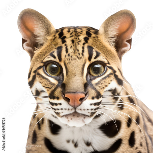 an isolated ocelot jungle cat face portrait, front view, side view, safari-themed photorealistic illustration on a transparent background cutout in PNG, generative ai