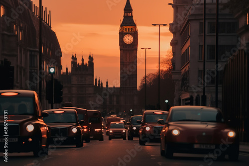 Big Ben in London on sunset. Road traffic in London city. Cars traffic on City streets in England, UK, United Kingdom. Traffic jam in London near Big Ben Clock Tower. Ai generative illustration.
