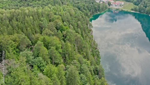 A stunning aerial view captures the picturesque Alpsee lake, located near the iconic Neuschwanstein castle.