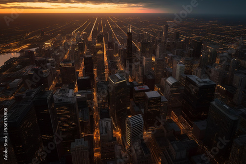 Chicago skyline with skyscrapers on sunset. Chicago City, aerial view. Chicago Modern financial district skyline on sunset. United States Skyscrapers in dusk. Soft focus, Ai generative illustration.