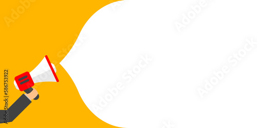 Male hand holding megaphone with speech bubble background. Flat promotion banner. Vector illustration