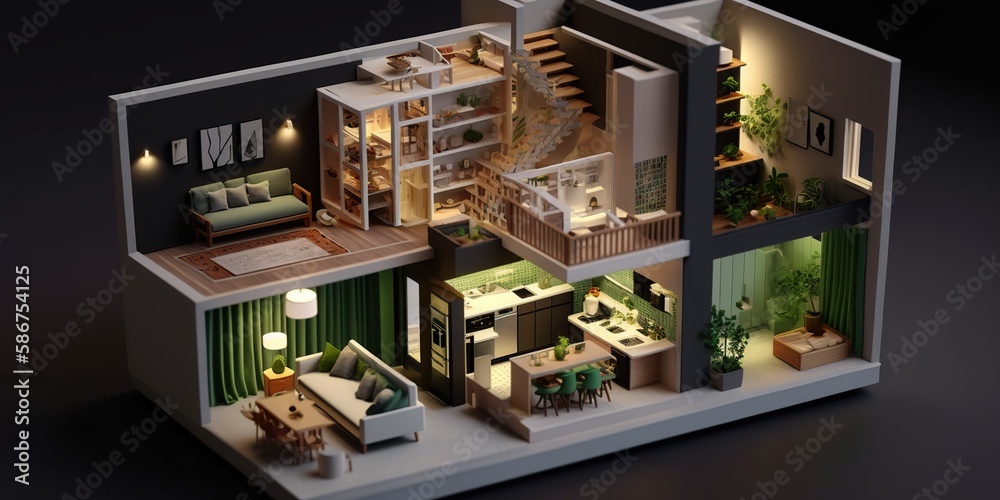 Miniature dollhouse smart home modern style, concept of Miniature scale modeling and technology, created with Generative AI technology