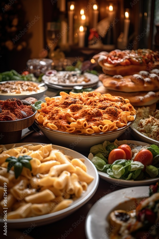Italian pasta of different varieties. Succulent delicious food. Generative AI vertical shot Italian pasta of different varieties. Succulent delicious food. Generative AI vertical shot