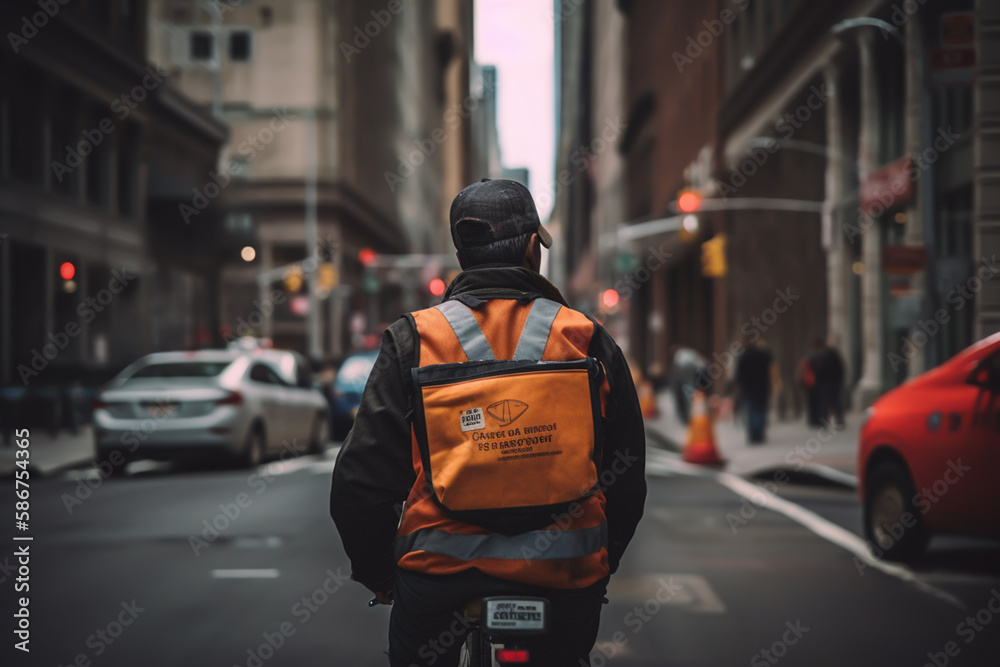 Naklejka premium Deliveryman on Bicycle, back view. Courier on Bicycle in New York City. Delivery service, Deliveryman in uniform deliver order to customer. 