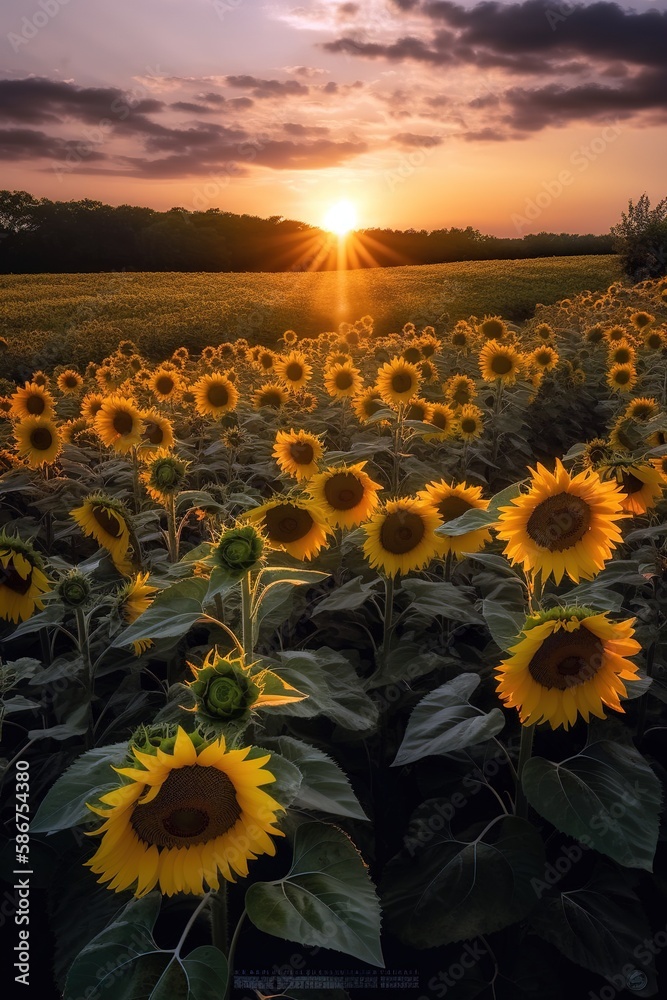 Dramatic sunset with amazing view of sunflowers under the sunbeam. Generative AI vertical shot