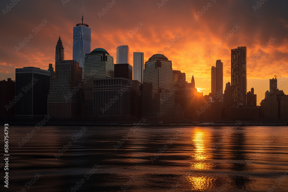 New York city skyscrapers. New York skyscraper at sunset. NYC Cityscape financial district. United States Manhattan Skyline, Ai Generative illustration